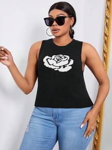 Maweii Plus Floral Pattern Knit Top - Black and White - View 4