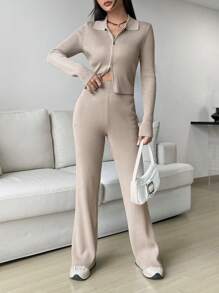 SHEIN EZwear Ribbed Knit Cardigan & Knit Pants - Beige - View 1