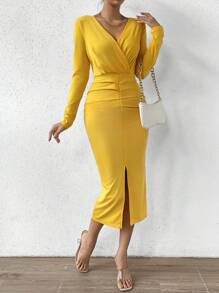 SHEIN Clasi Surplice Neck Split Thigh Ruched Bodycon Dress - Yellow - View 5