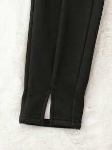 青少年女孩素色下擺開叉緊身打底褲 - 黑色 - 查看 4