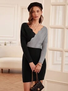 SHEIN Privé Two Tone Scallop Trim Batwing Sleeve Scallop Trim Sweater Dress - Multicolor - View 4