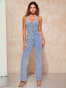 SHEIN BAE Button Front Backless Halter Neck Denim Jumpsuit - Light Wash - View 5