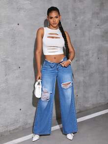 SHEIN Jeans desgarro de pierna ancha - Azul lavado medio - Ver 3