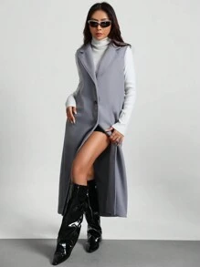SHEIN Unity Lapel Neck Sleeveless Belted Longline Overcoat - Grey - View 6