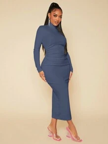 SHEIN SXY Solid Mock Neck Bodycon Dress - Navy Blue - View 4