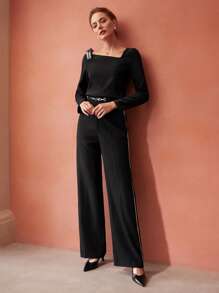 MOTF PREMIUM 側點綴西裝褲不附腰帶 - 黑色 - 查看 4