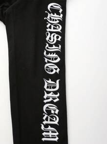 Manfinity 男士花卉和字母圖案抽繩連帽衫 - 黑色 - 查看 4