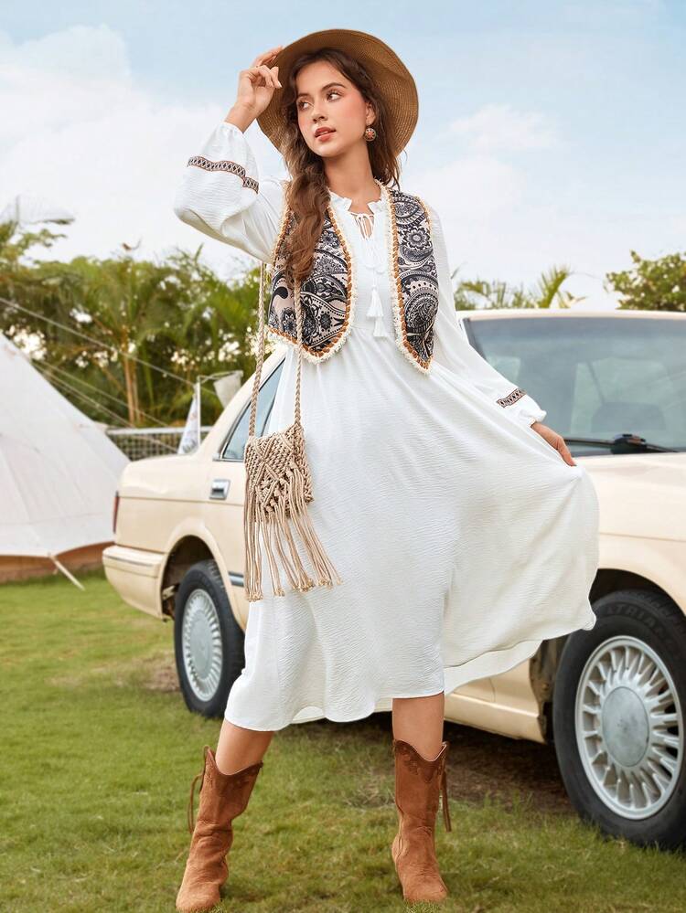 Tassel Tie Neck Lantern Sleeve Dress