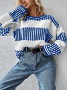 EURMUSE 條紋圖案落肩袖套頭毛衣