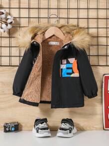 SHEIN Đứa bé trai Đồ họa Chữ cái Lót Teddy Trang trí Fuzzy Áo trùm đầu - Nhiều màu - Xem 1