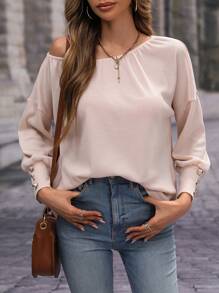 SHEIN LUNE Chất rắn Áo thun Thả vai - Màu be - Xem 4