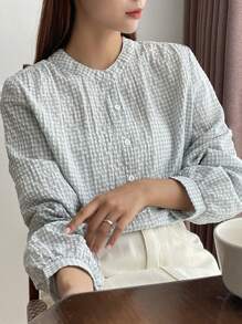 DAZY Plaid Print Button Front Shirt,Long Sleeve Tops - Green - View 7