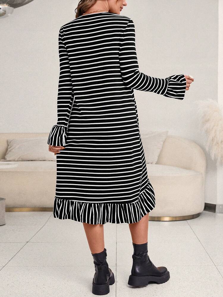 Maternity Striped Print Ruffle Trim Dress