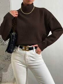 SHEIN LUNE High Neck Drop Shoulder Sweater - Coffee Brown - View 4