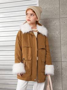 SHEIN Cô gái Tween Túi có nắp 	
Fuzzy Vòng cổ Túi có nắp Thả vai áo - Màu Khaki - Xem 5