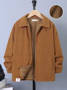 SHEIN 男大童字母補丁細節毛絨襯裡前拉鍊外套