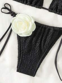 SHEIN Swim 刺繡露背三角形綁帶比基尼套裝 - 黑色 - 查看 4