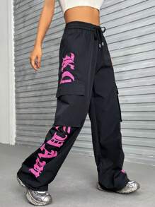 SHEIN Coolane Letter Graphic Flap Pocket Side Drawstring Waist Cargo Pants - Black - View 1