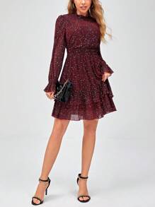 SHEIN Frenchy Flare Sleeve Ruffle Hem Dress Christmas - Burgundy - View 4