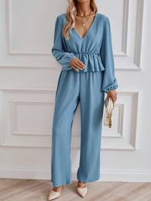 SHEIN Clasi Lantern Sleeve Peplum Top & Wide Leg Pants - Dusty Blue - View 4