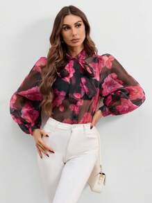 SHEIN Clasi 印花繫帶領燈籠袖歐根紗襯衫不附胸罩 - 黑色 - 查看 1