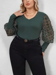 SHEIN Clasi 大碼圓點羊腿袖條紋針織上衣 - 綠色 - 查看 5