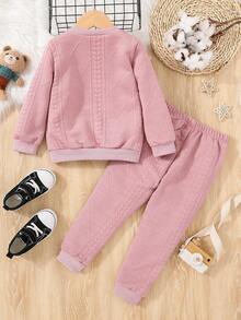 SHEIN Young Girl Bear And Letter Embroidery Sweatshirt & Sweatpants - Pink - View 2