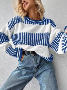 EURMUSE 條紋圖案落肩袖套頭毛衣