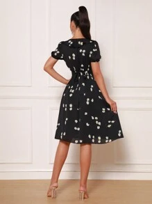 Modphy 花卉印花泡泡袖连衣裙