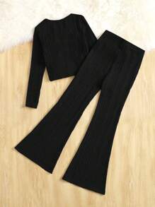 SHEIN Tween Girl Knitted Ruched Long Sleeve T-Shirt & Flared Pants Casual Set, Including Shirring Front T-Shirt And Flared Pants - Black - View 2