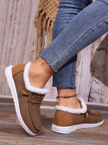 女秋冬時尚低胸保暖厚襯平跟繫帶休閒雪靴 - 棕色 - 查看 2