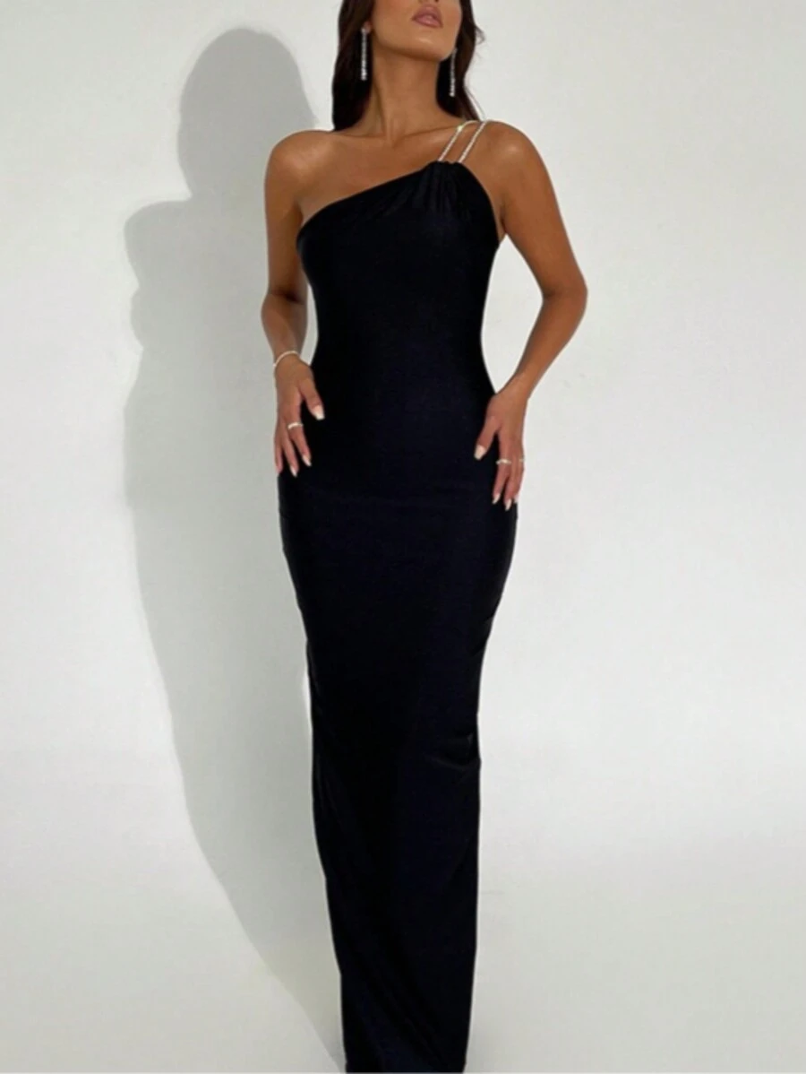 One Shoulder Split Thigh Bodycon Dress - Black - View 1