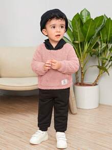 SHEIN Baby Boy Patch Detail Kangaroo Pocket Hoodie & Sweatpants