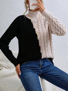 SHEIN LUNE Two Tone Cable Knit Drop Shoulder Sweater - Multicolor - View 6