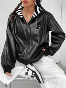 SHEIN EZwear Letter Patched Detail Drop Shoulder Zip Up PU Leather Hooded Jacket - Black - View 1
