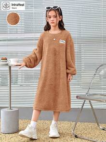 SHEIN Tween Girl Letter Patched Drop Shoulder Teddy Dress - Khaki - View 3