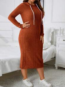 SHEIN Essnce Plus Size Ribbed Knit Drawstring Sweatshirt Dress - Rust Brown - View 6
