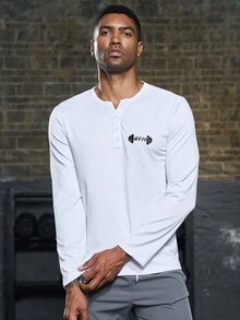 Manfinity Sport Corelite 男士字母圖案半扣運動T恤，運動上衣 - 白色 - 查看 7