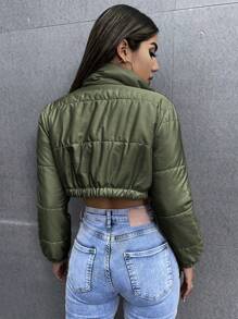 SHEIN Unity Zip Up Crop Padded Padded Coat For Winter Clothes - Army Green - View 2
