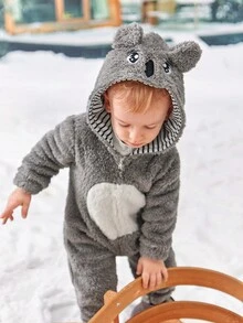 SHEIN Baby Boy Cartoon Embroidery 3D Ear Design Hooded Zipper Flannel Jumpsuit - Multicolor - View 5