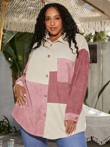 SHEIN CURVE+ Hơn Khối màu Thả vai Áo sơ mi - Bụi hồng - Xem 6