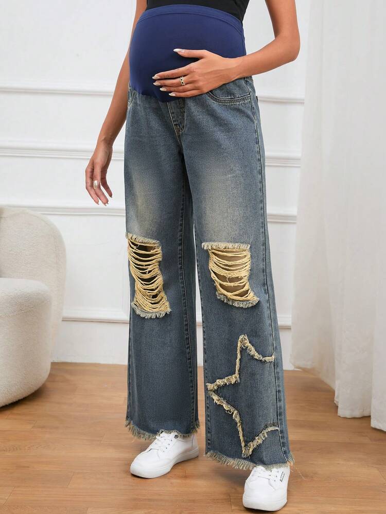 Maternity Wideband Waist Ripped Frayed Raw Hem Jeans