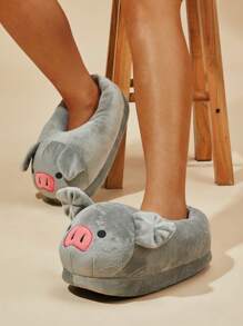 Women's Cartoon Pig Slippers Autumn/Winter, Closed-Back Warm Indoor Slippers - Grey - View 2