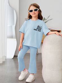 SHEIN 女小童標語圖案落肩T恤&喇叭褲 - 藍色 - 查看 3