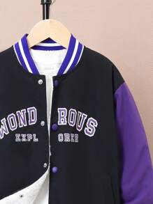 SHEIN Tween Boy Letter Graphic Thermal Lined Varsity Jacket Without Tee - Black - View 6