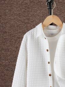 SHEIN 年輕男孩休閒折領針織純色長袖襯衫 - 白色 - 查看 4