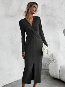 SHEIN Clasi Twist Front Ribbed Knit Dress - Black - View 4