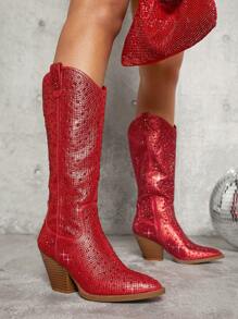SHUZIA Botas de vaquero rojas hasta la rodilla con brillantes y rhinestones para mujer, lo esencial del invierno y el estilo inspirado en Tayler Swit - Rojo - Ver 1