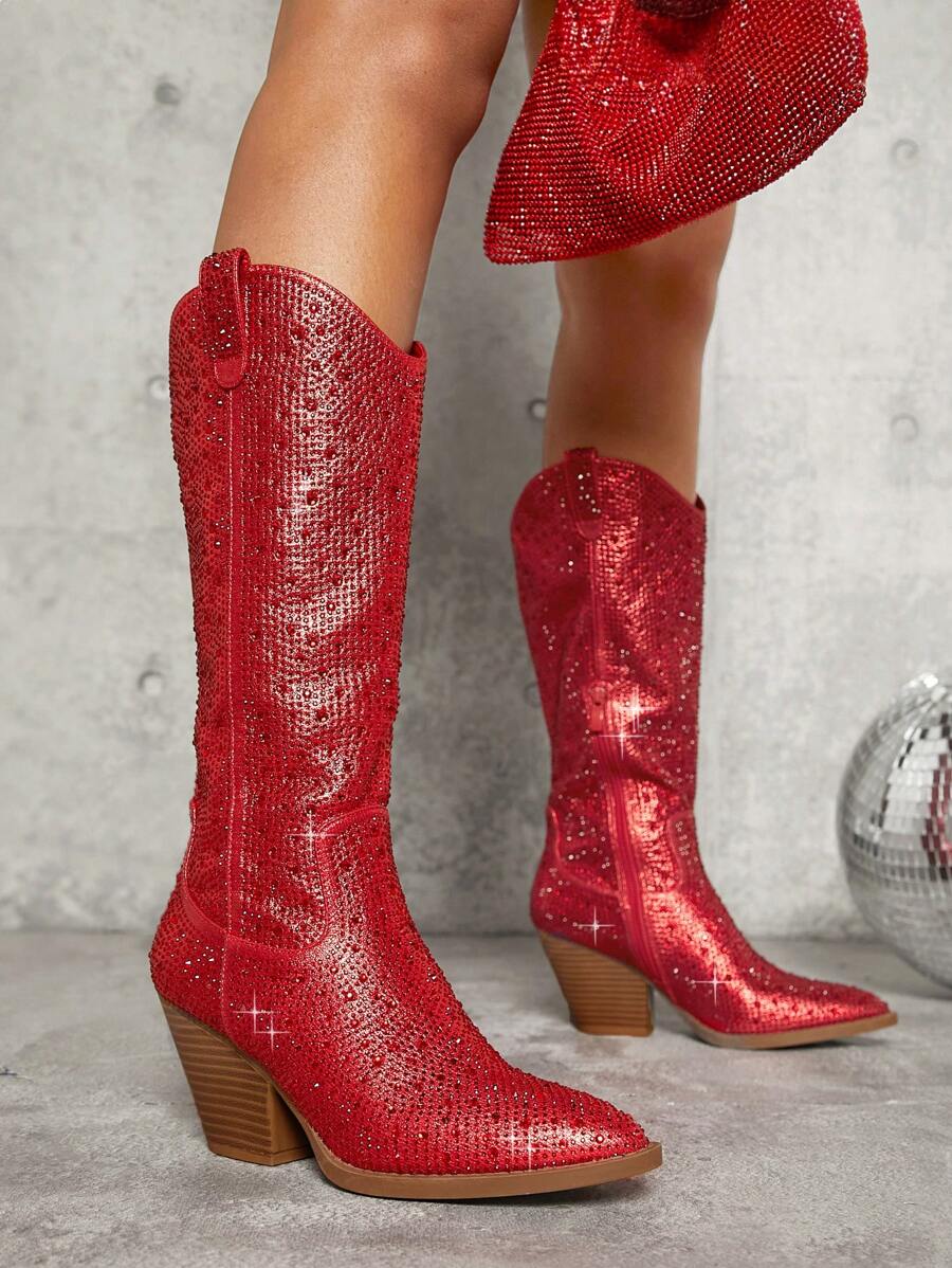 SHUZIA Botas de vaquero rojas hasta la rodilla con brillantes y rhinestones para mujer, lo esencial del invierno y el estilo inspirado en Tayler Swit - Rojo - Ver 1