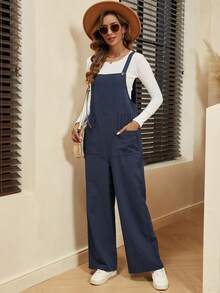 SHEIN LUNE 雙口袋背帶連身褲不帶T恤 - 藏蓝色 - 查看 3